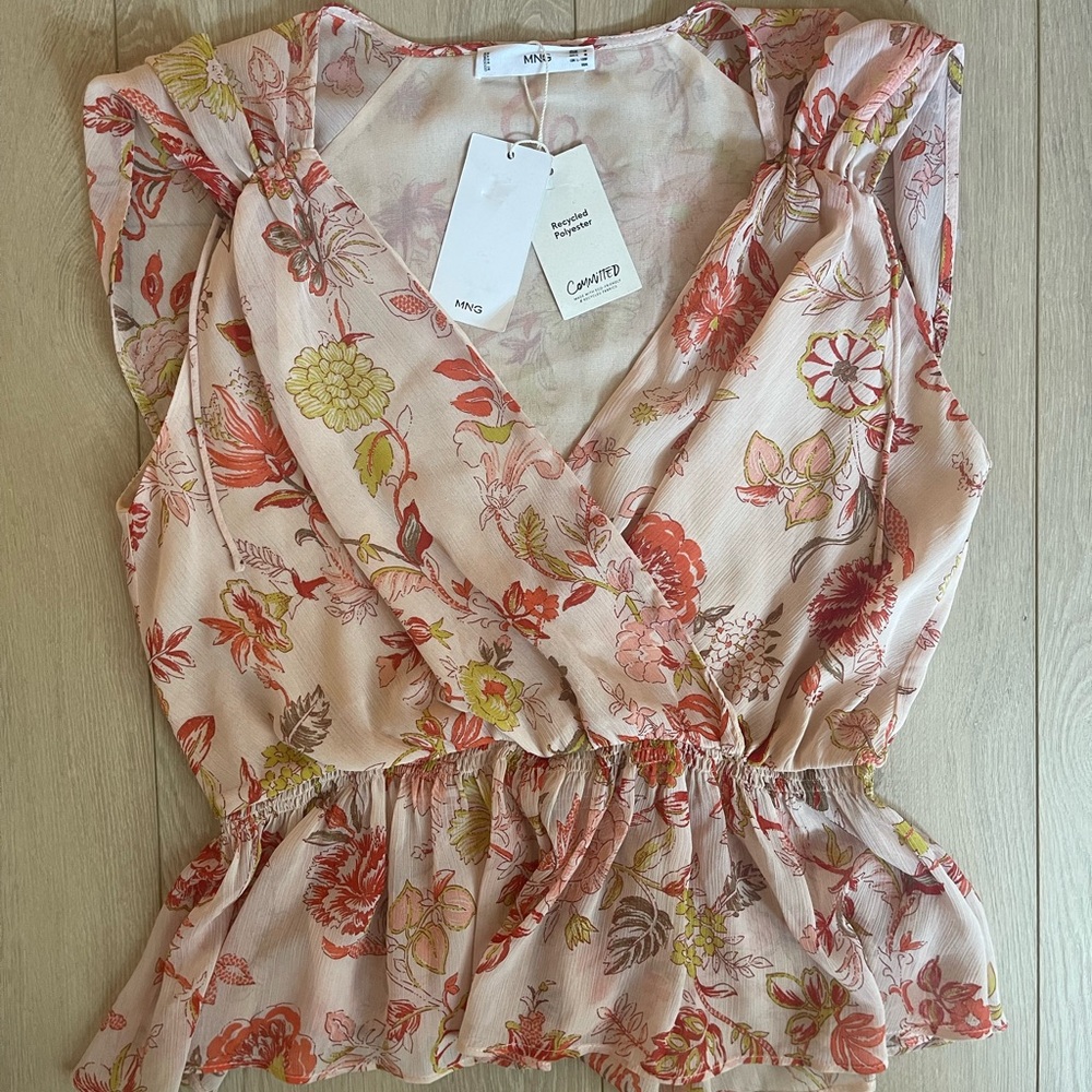 Mango NEW Floral Recycled Poly Blouse in Pink and Red